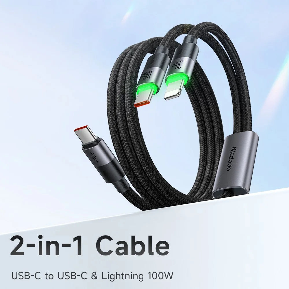 MCDODO CA-6700 2-in-1 Fast Charging Cable 100W USB-C to USB-C+iP Braided Cord 1.5m for Multiple Devices - 2