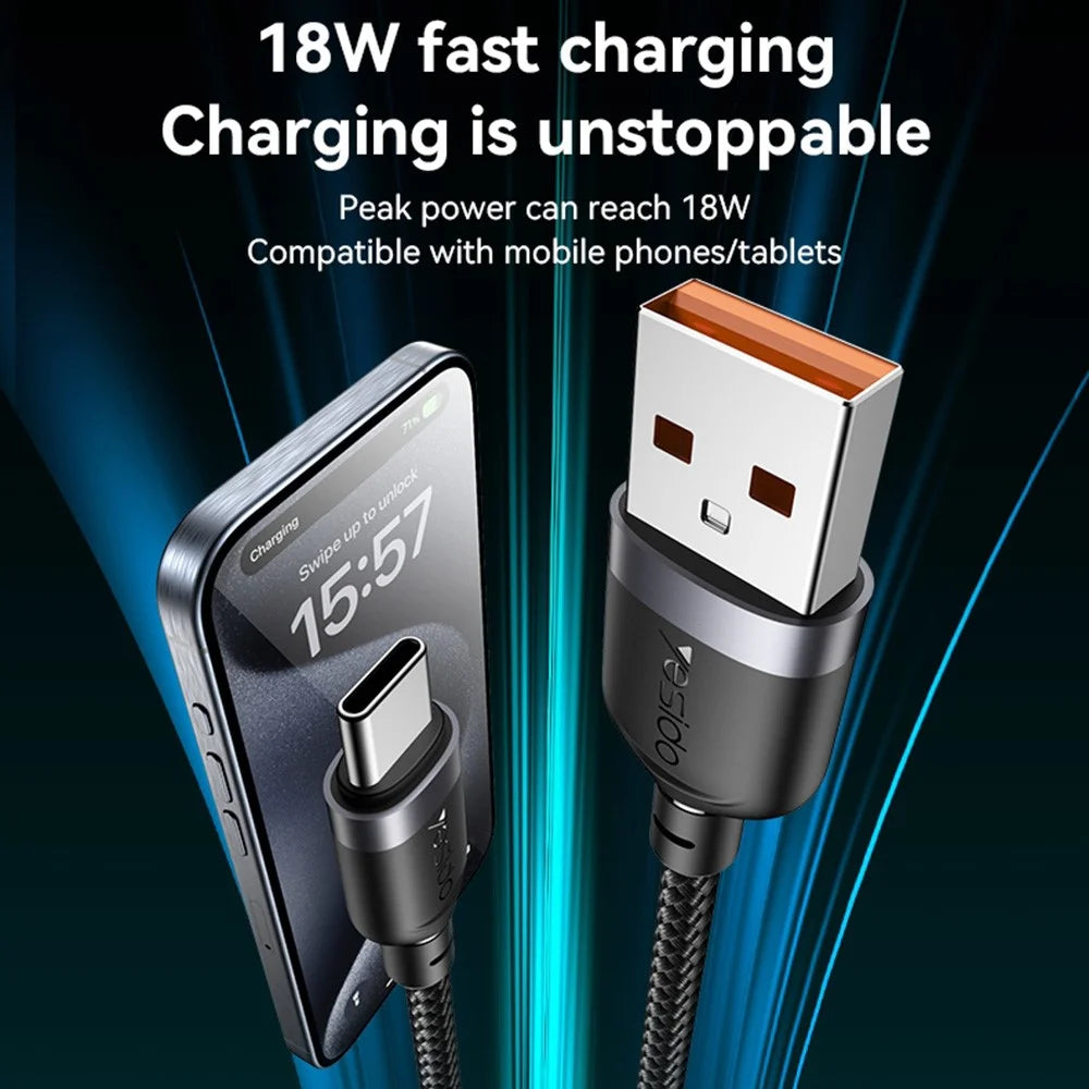 YESIDO CA133C 2m USB A to Type C Braided Wire 3A Fast Charging 480Mbps Data Cable - 5