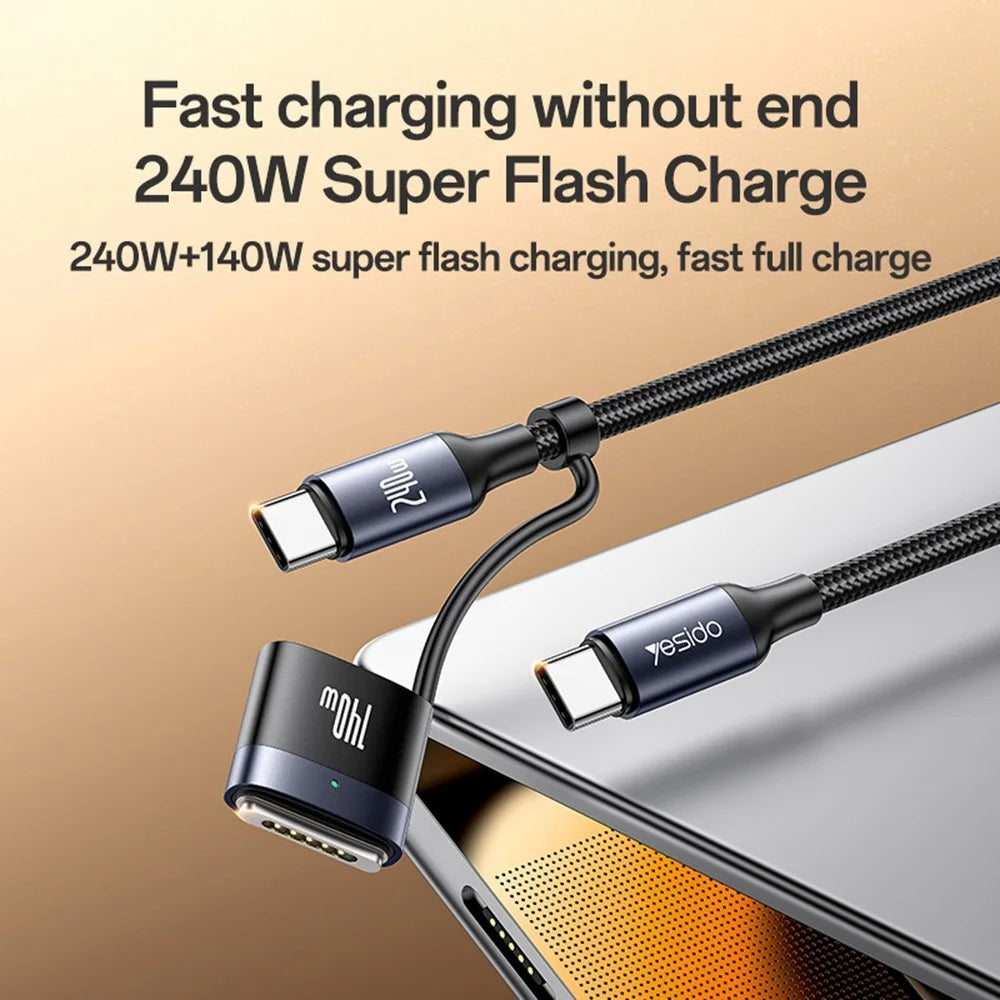 YESIDO CA197 USB C to USB C / Magnetic Head 2 in 1 240W Fast Charging Cable for MacBook - 2