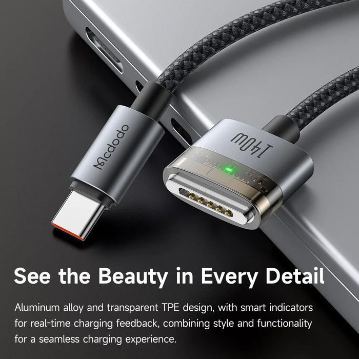 MCDODO CA-207 2m 140W USB C to Compatible with MagSafe 3 Cable with Indicator Light Nylon Braided Charging Cord - Black - 5