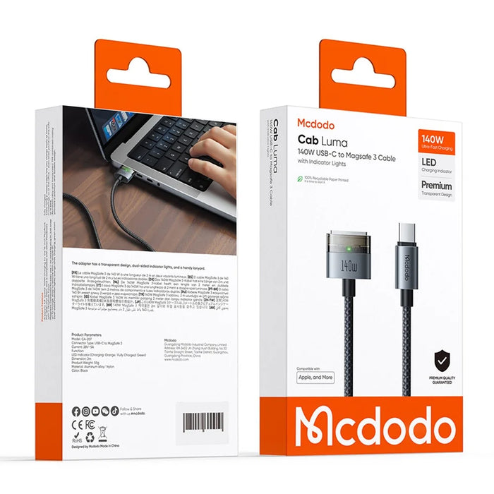 MCDODO CA-207 2m 140W USB C to Compatible with MagSafe 3 Cable with Indicator Light Nylon Braided Charging Cord - Black - 7
