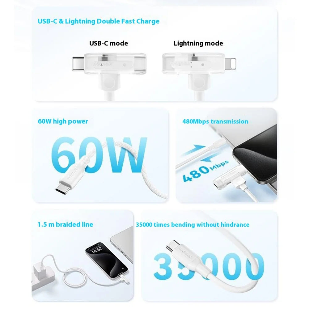 MOMAX 1-Link 1.5m 2 in 1 Fast Charging Braided Cable Mfi Certified USB-C to USB-C / Lightning Cord - White - 7