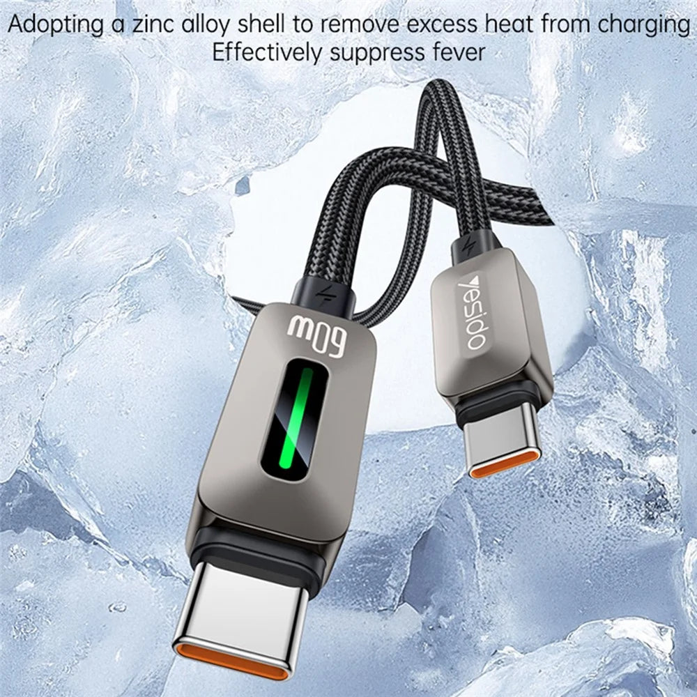 YESIDO CA198 60W 3A USB-C to USB-C Cable Zinc Alloy Flowing Light Braided Data Cable - 7