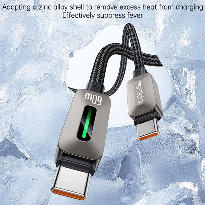 YESIDO CA198 60W 3A USB-C to USB-C Cable Zinc Alloy Flowing Light Braided Data Cable - 7