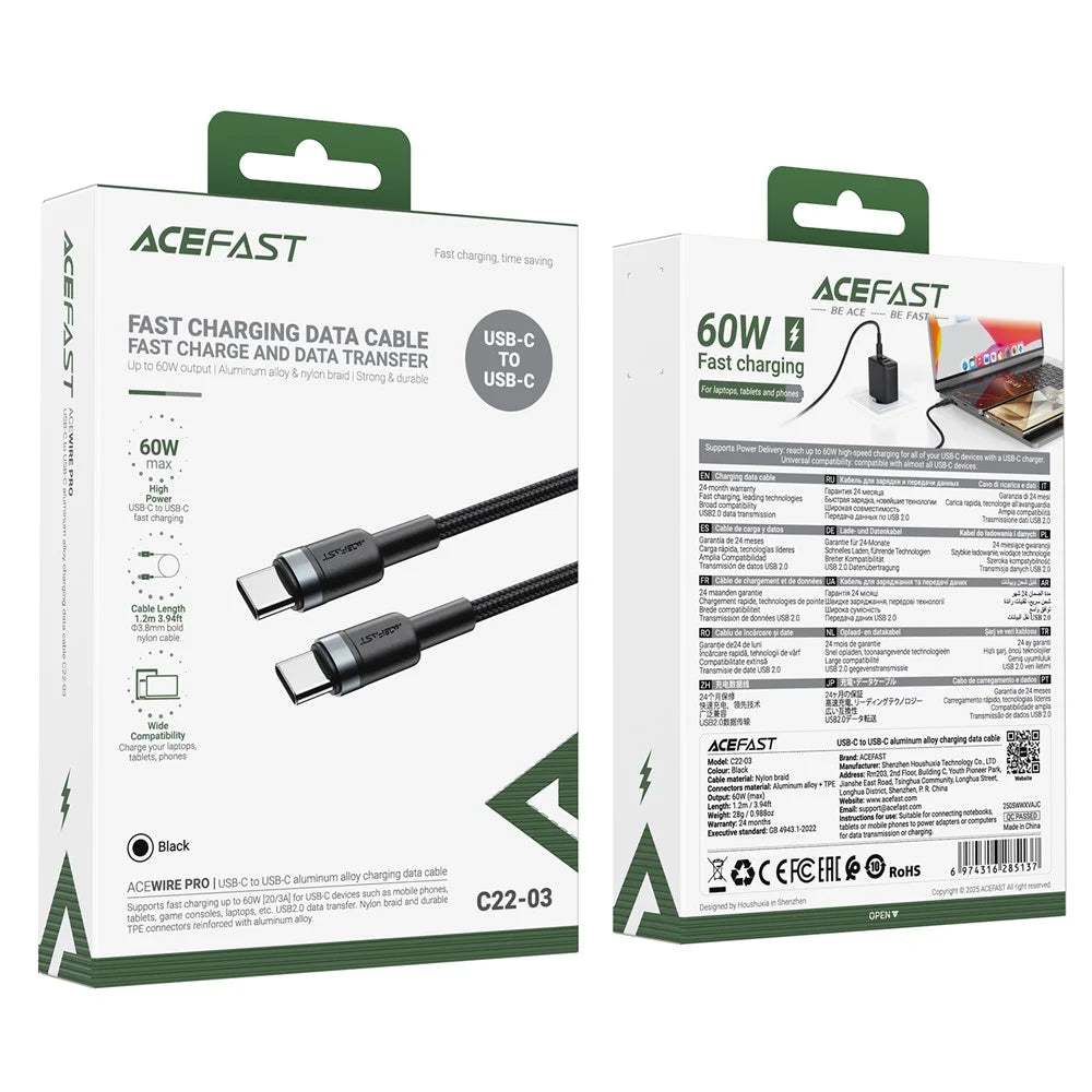 ACEFAST C22-03 1.2m USB-C to USB-C Aluminum Alloy Braided Charging Cable 60W Fast Charge Data Cord - 7
