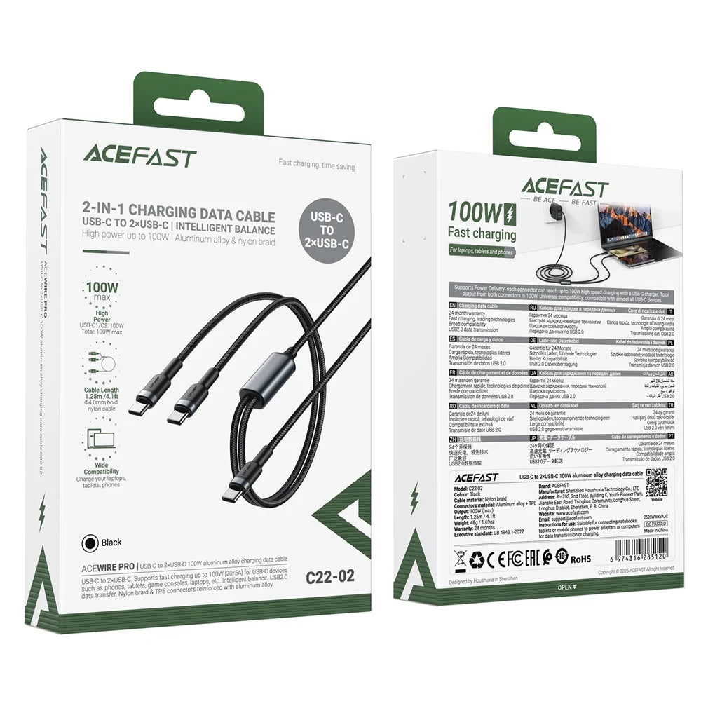ACEFAST C22-02 USB-C to 2 USB-C Fast Charge Nylon Cord 100W Aluminum Alloy Braided Charging Data Cable - 7