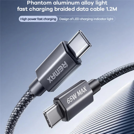 REMAX CB01 1.2M USB-C to USB-C Braided Data Cable PD 65W Fast Charging Cable with LED Indicator - 2