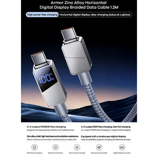REMAX CB02 For USB-C Devices 100W Zinc Alloy Braided Data Cable With Digital Display 1.2M Fast Charging Cable - 2