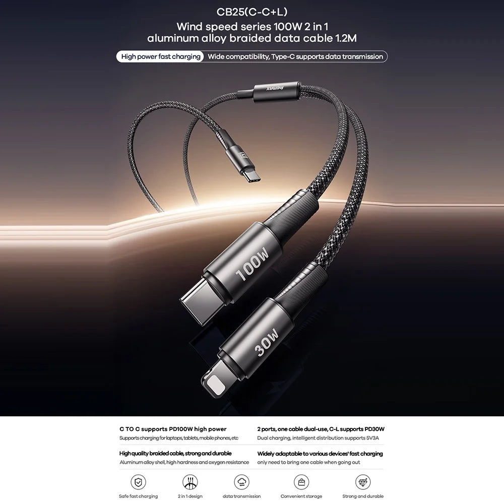 REMAX CB25 100W Dual Port Aluminum Alloy Braided Cable USB-C to USB-C  /  Lightning 1.2M - 2