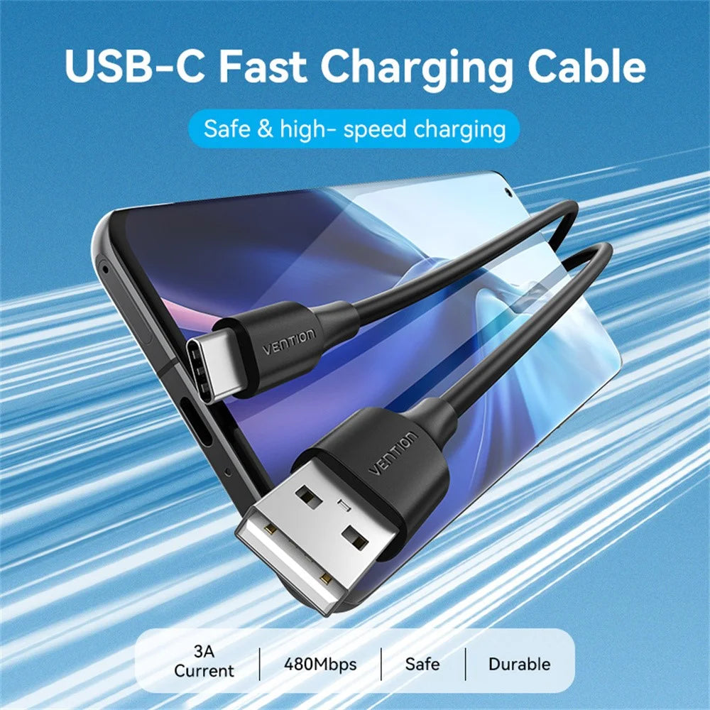 VENTION CTHBC 0.25m USB 2.0 A Male to C Male Cable 3A Fast Charging Data Sync Cord - Black - 4