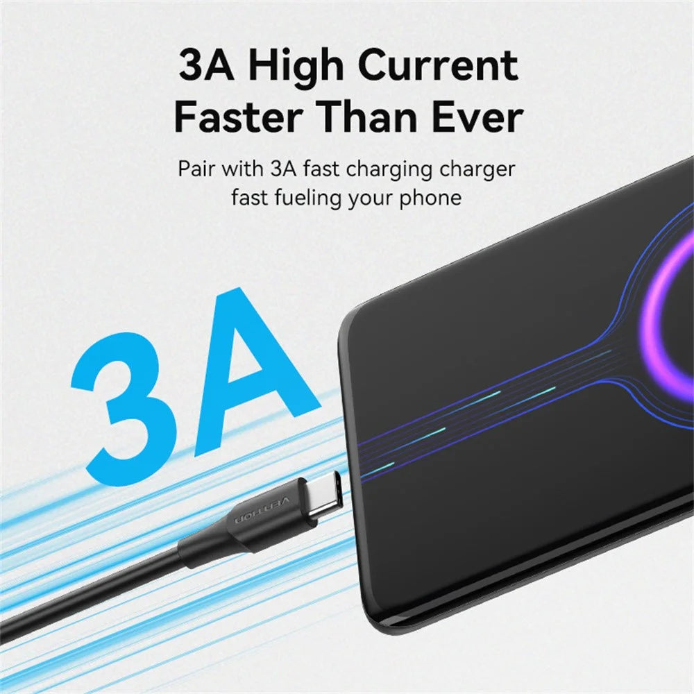VENTION CTHBD 0.5m USB 2.0 A Male to C Male Cable 3A Fast Charging Data Sync Cord - Black - 5