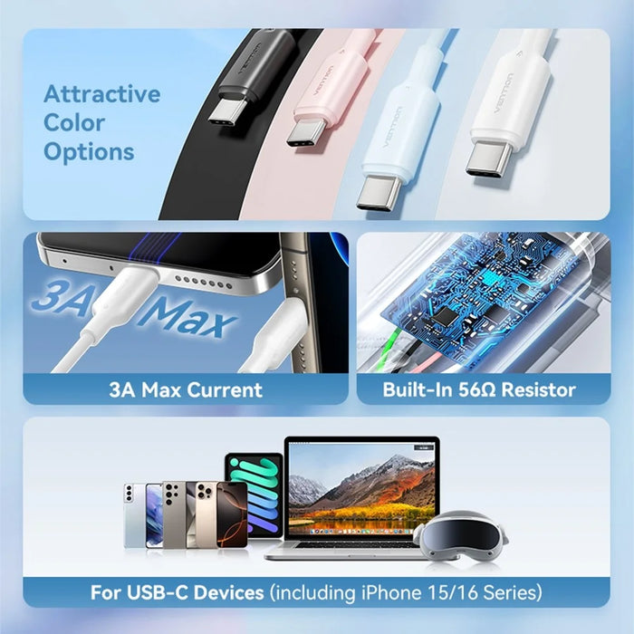 VENTION CTQBH 2m USB 2.0 Type A to Type C Data Cable 3A Fast Charging Wire for Smartphone Tablet, Black - 3