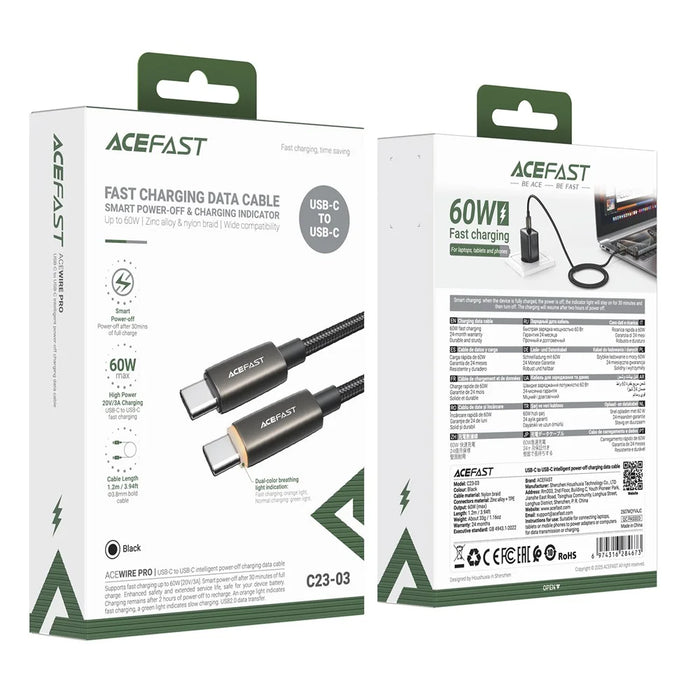 ACEFAST C23-03 1.2m Smart Power Off Charging Cable 3A 60W Fast Charging USB C to USB C Braided Data Cord - 7