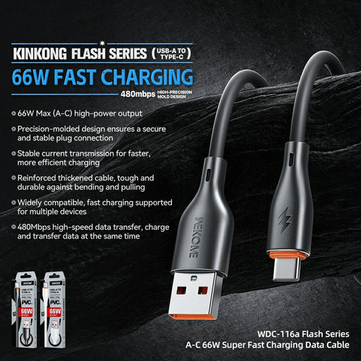 WEKOME WDC-116a Flash Series 1.2m 66W Fast Charging Cable USB to Type C 480Mbps Data Transfer Cord - Black - 2