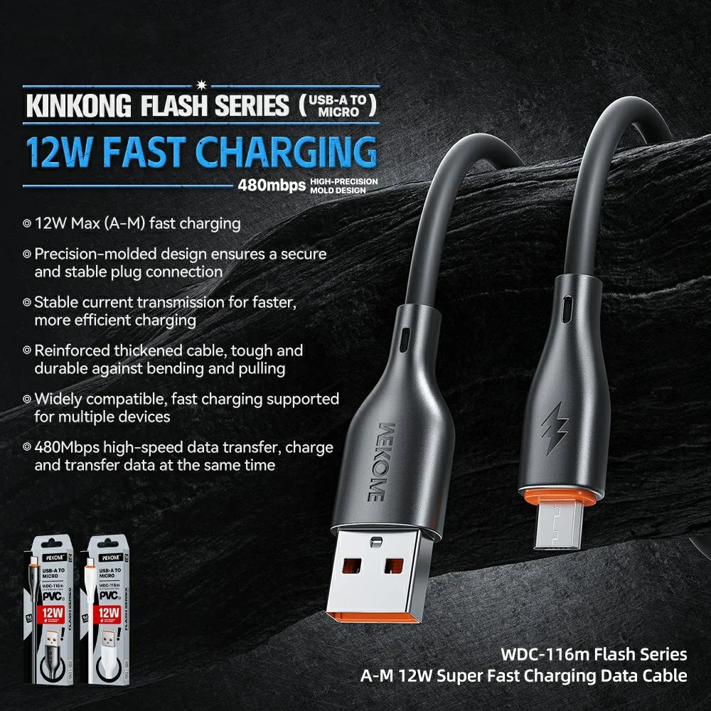 WEKOME WDC-116m Flash Series 1.2m USB to Micro USB 12W Fast Charging PVC Data Cable - Black - 2