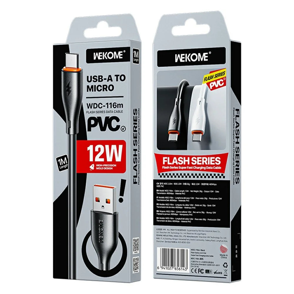 WEKOME WDC-116m Flash Series 1.2m USB to Micro USB 12W Fast Charging PVC Data Cable - Black - 3