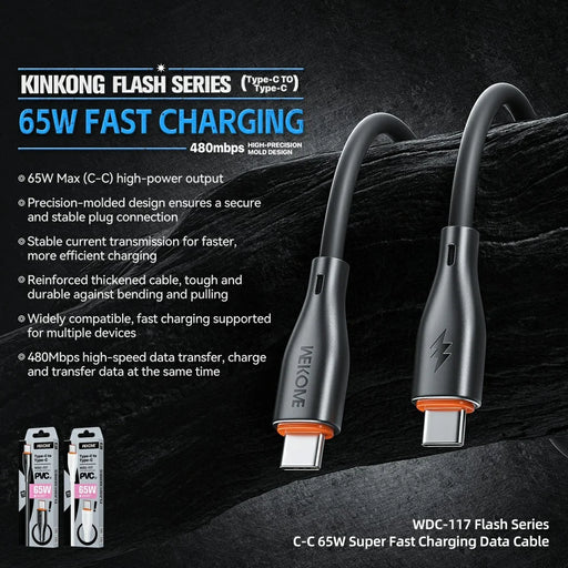 WEKOME WDC-117 Flash Series 1m Type-C to Type-C 65W Fast Charging 480Mbps Data Cable - Black - 2