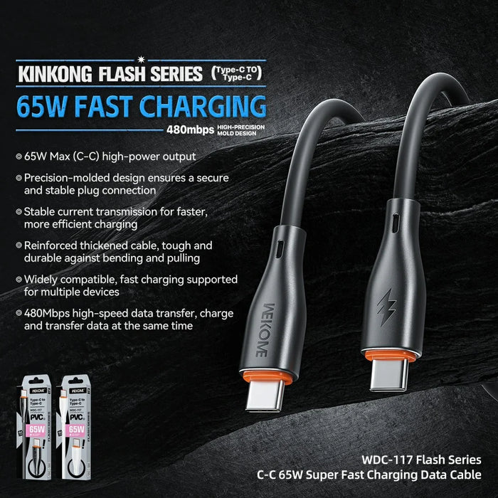 WEKOME WDC-117 Flash Series 1m Type-C to Type-C 65W Fast Charging 480Mbps Data Cable - Black - 2