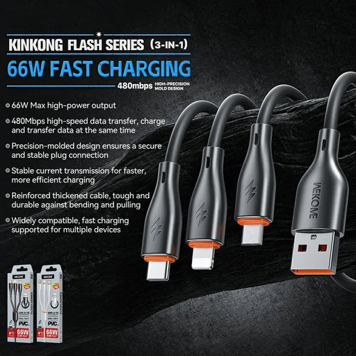 WEKOME WDC-119 Flash Series 1.2m 3 in 1 iP  /  Micro  /  Type C 66W Fast Charging 480Mbps Data Cable - Black - 2