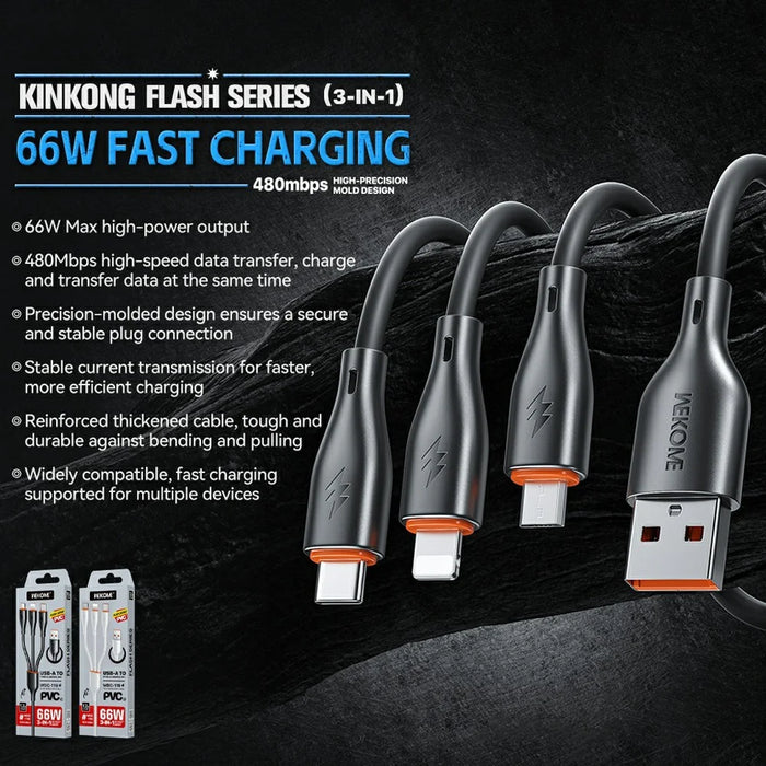 WEKOME WDC-119 Flash Series 1.2m 3 in 1 iP  /  Micro  /  Type C 66W Fast Charging 480Mbps Data Cable - Black - 2
