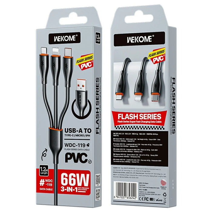 WEKOME WDC-119 Flash Series 1.2m 3 in 1 iP  /  Micro  /  Type C 66W Fast Charging 480Mbps Data Cable - Black - 3
