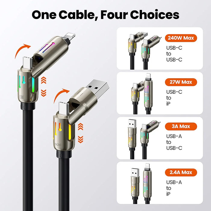 TOOCKI TQ-X103 2m USB-A / USB-C to USB-C / iP 240W Fast Charging Data Cable with Colorful Breathing Light - 4