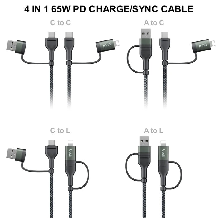 BUDI DC259ATTL12B 4 in 1 1.2m PD 65W USB / Type-C to iP / Type-C Charge Cable Fast Charging Cable - Black - 3