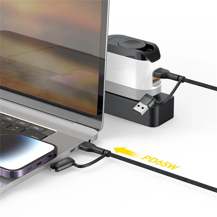BUDI DC259ATTL12B 4 in 1 1.2m PD 65W USB / Type-C to iP / Type-C Charge Cable Fast Charging Cable - Black - 4
