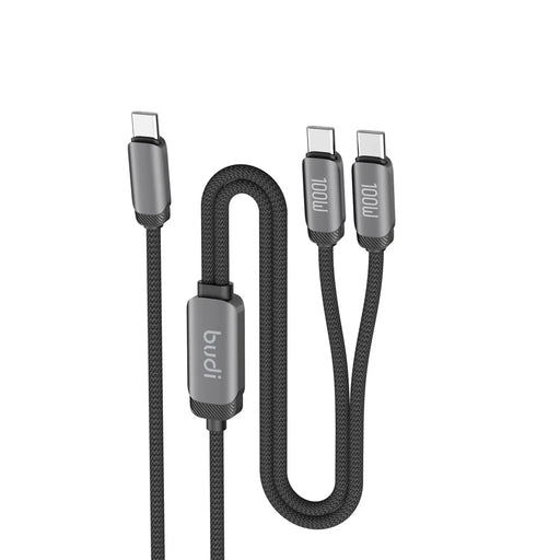 BUDI DC266TTT12B 1.2m PD 100W 2 in 1 USB C to USB C Fast Charging Data Braided Cable - 1