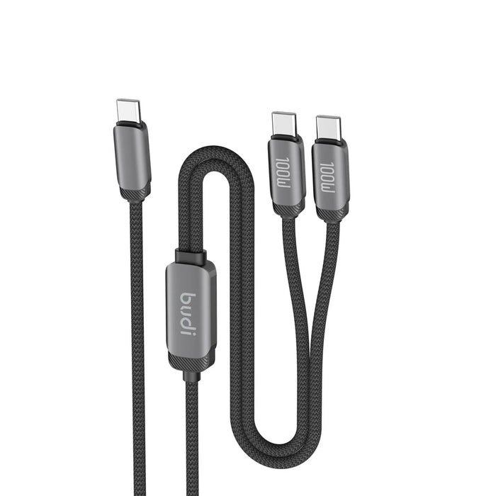 BUDI DC266TTT12B 1.2m PD 100W 2 in 1 USB C to USB C Fast Charging Data Braided Cable - 1