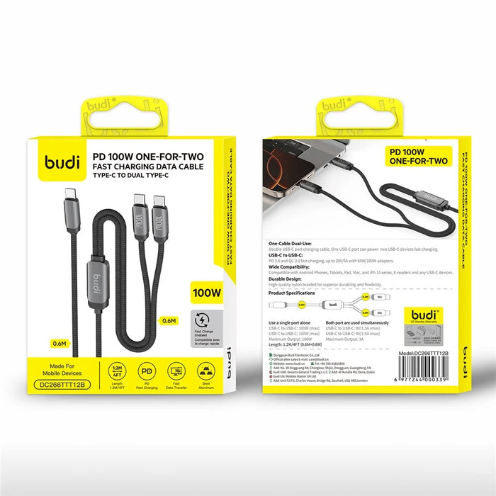 BUDI DC266TTT12B 1.2m PD 100W 2 in 1 USB C to USB C Fast Charging Data Braided Cable - 3
