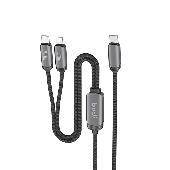 BUDI DC266TTL12B 1.2m 2 in 1 USB C to USB C  /  iP Cable 100W Fast Charging Data Sync Braided Cord - 1