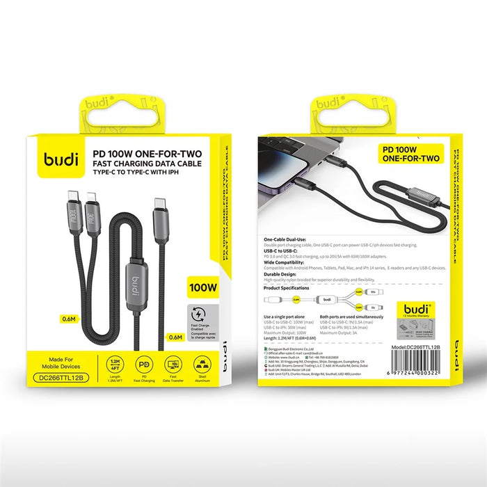 BUDI DC266TTL12B 1.2m 2 in 1 USB C to USB C  /  iP Cable 100W Fast Charging Data Sync Braided Cord - 3