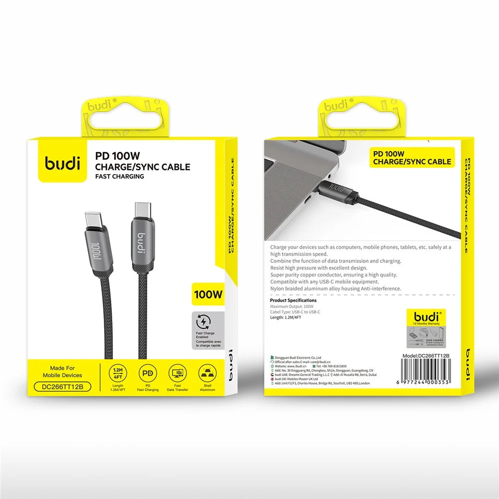 BUDI DC266TT12B 1.2m Braided Data Sync Cord USB C to USB C 100W PD Fast Charging Cable - 6