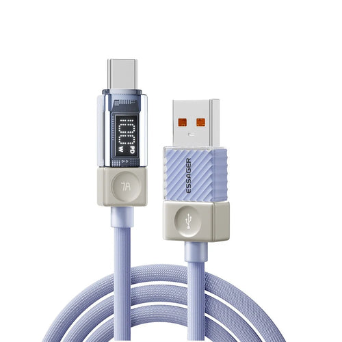 ESSAGER 2m USB-A to Type-C Cable 7A Data Cable Crystal Clear Digital Display Charging Cord - Blue - 1