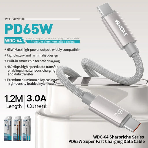 WEKOME WDC-64 Type-C to Type-C Charger Cable 1.2m PD 65W Fast Charging Cable 480Mbps Data Transfer Braided Cord - Titanium Gold - 2