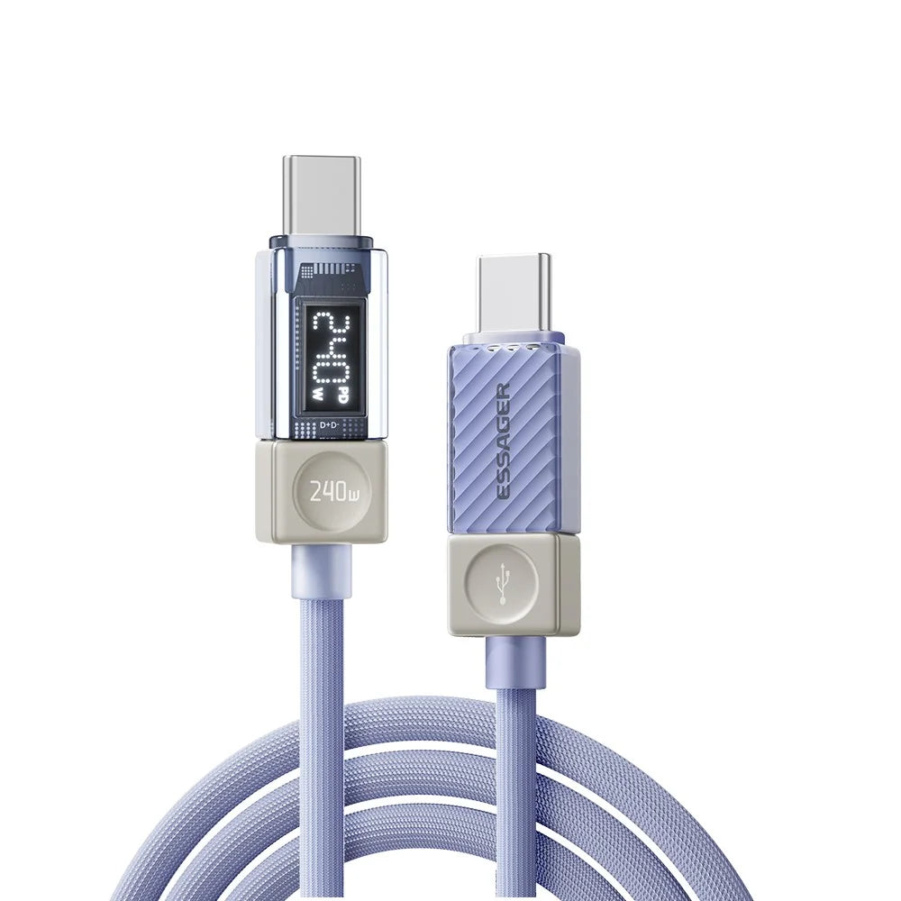 ESSAGER 2m Type-C to Type-C Charging Cable 100W Transparent Digital Display Data Cable - Blue - 2
