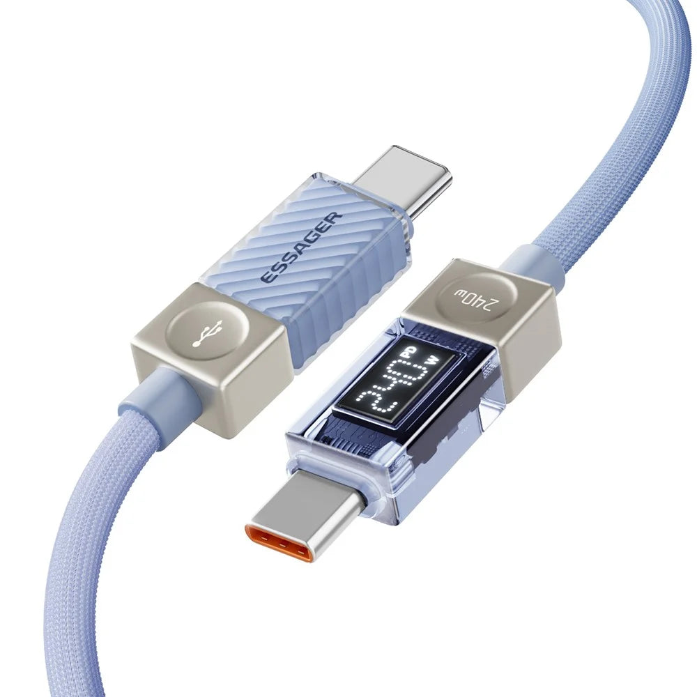ESSAGER 2m Type-C to Type-C Charging Cable 100W Transparent Digital Display Data Cable - Blue - 3