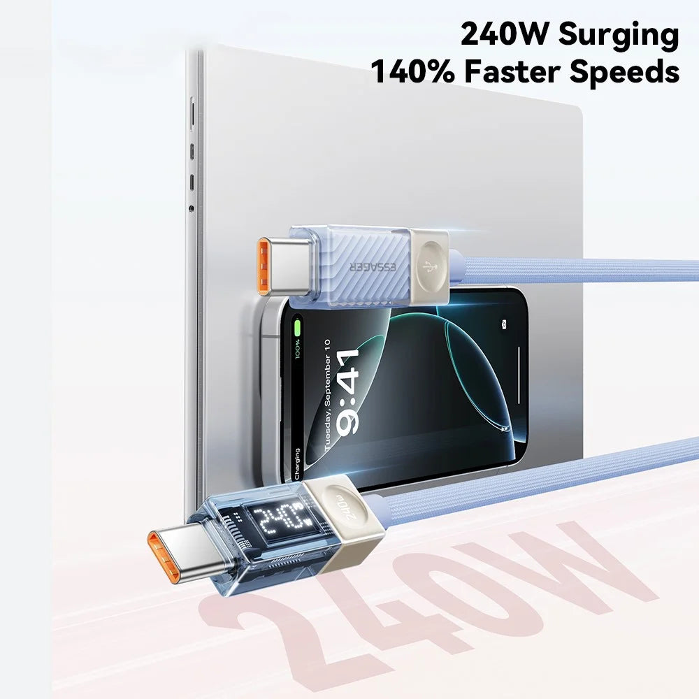 ESSAGER 1m 240W Type-C to Type-C Fast Charging Cable Clear Digital Display Data Cable - Blue - 6