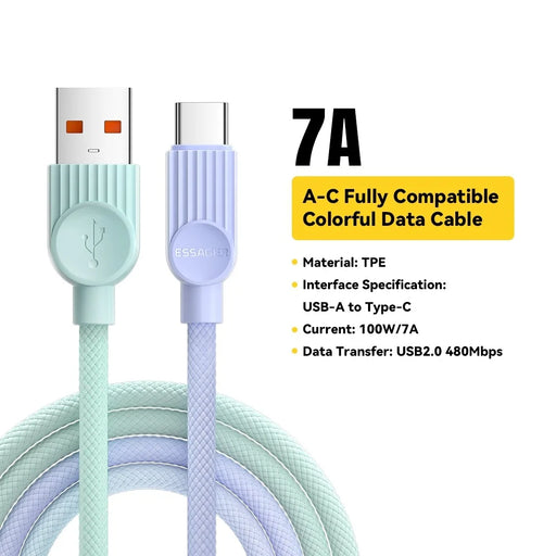 ESSAGER ES-X73 TPE 0.25m A-C 7A 100W Date Cable USB-A to Type-C Fast Charging Cord Smart Chip Control - Purple Green - 2