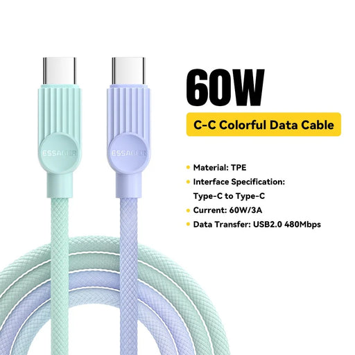 ESSAGER ES-X73 0.25m USB-C to USB-C Cable 60W Fast Charging Data Cable Smart Chip Control - Purple  /  Green - 2