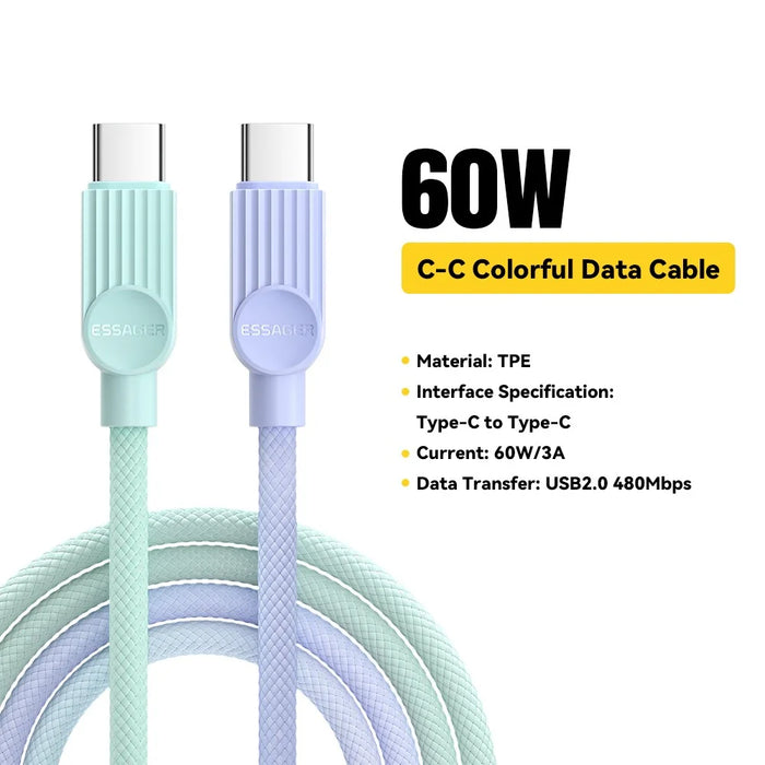 ESSAGER ES-X73 2m USB-C to USB-C Cable 60W Fast Charging Data Cable Smart Chip Control - Purple  /  Green - 2