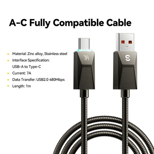 ESSAGER 1m USB A to USB C Stainless Steel Cable 7A Fast Charging 480Mbps Data Sync Cord - 2