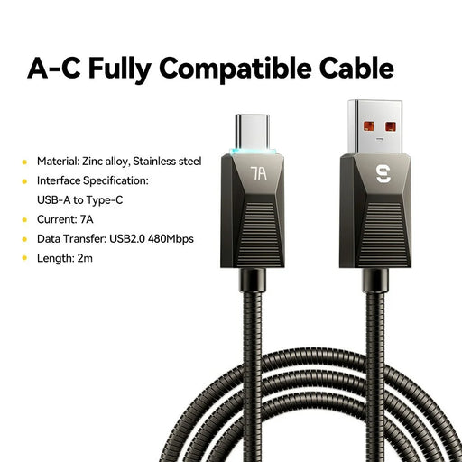 ESSAGER 2m USB A to USB C Stainless Steel Cable 7A Fast Charging 480Mbps Data Sync Cord - 2