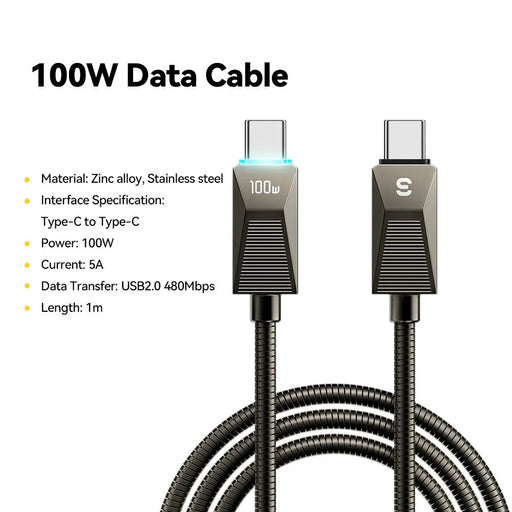 ESSAGER 1m 100W Fast Charging Wire USB C to USB C Stainless Steel Data Transfer Cable - 2