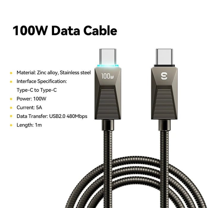 ESSAGER 1m 100W Fast Charging Wire USB C to USB C Stainless Steel Data Transfer Cable - 2