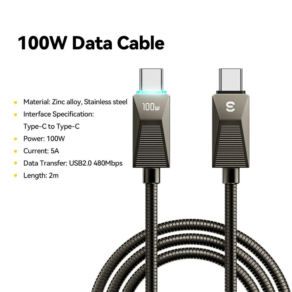 ESSAGER 2m 100W Fast Charging Wire USB C to USB C Stainless Steel Data Transfer Cable - 2