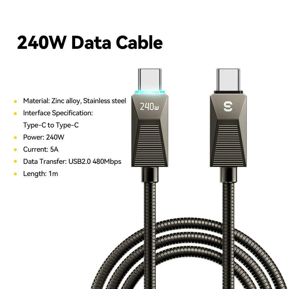 ESSAGER 1m 240W Fast Charging Wire USB C to USB C Stainless Steel Data Transfer Cable - 2
