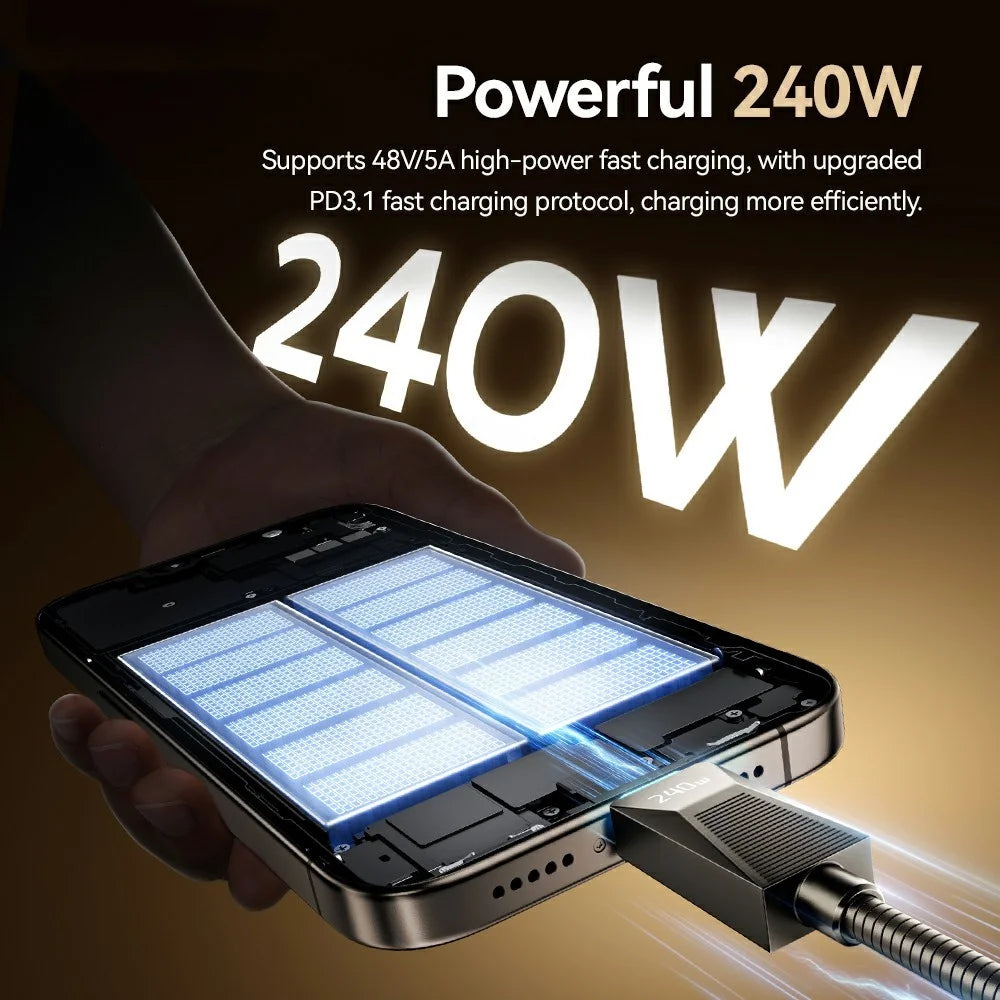 ESSAGER 1m 240W Fast Charging Wire USB C to USB C Stainless Steel Data Transfer Cable - 5
