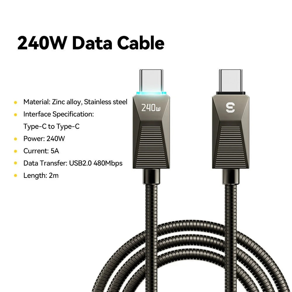 ESSAGER 2m 240W Fast Charging Wire USB C to USB C Stainless Steel Data Transfer Cable - 2